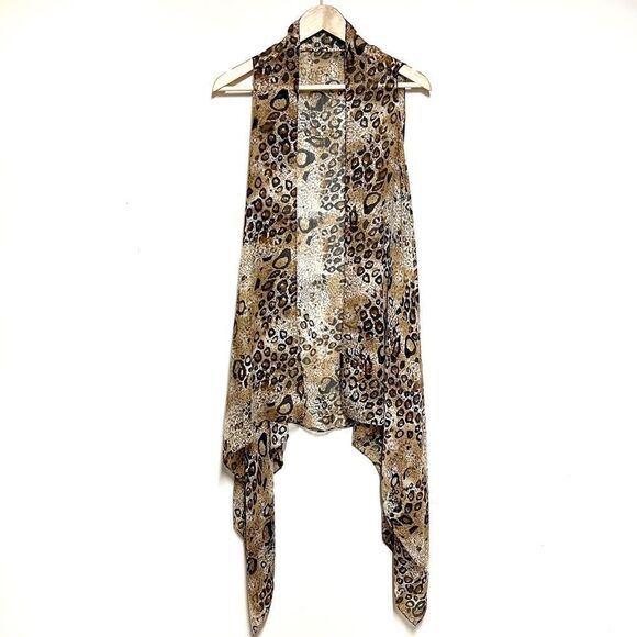 Brown Leopard Pattern Sleeveless Cardigan Kimono Layer Vest Sz OS - Picture 2 of 4